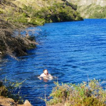 Tommy is enjoying the cold water of Rio Cochrane